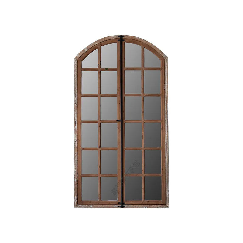 Terrace distressed fake window style wall mirror with log coloured wooden frame and glass