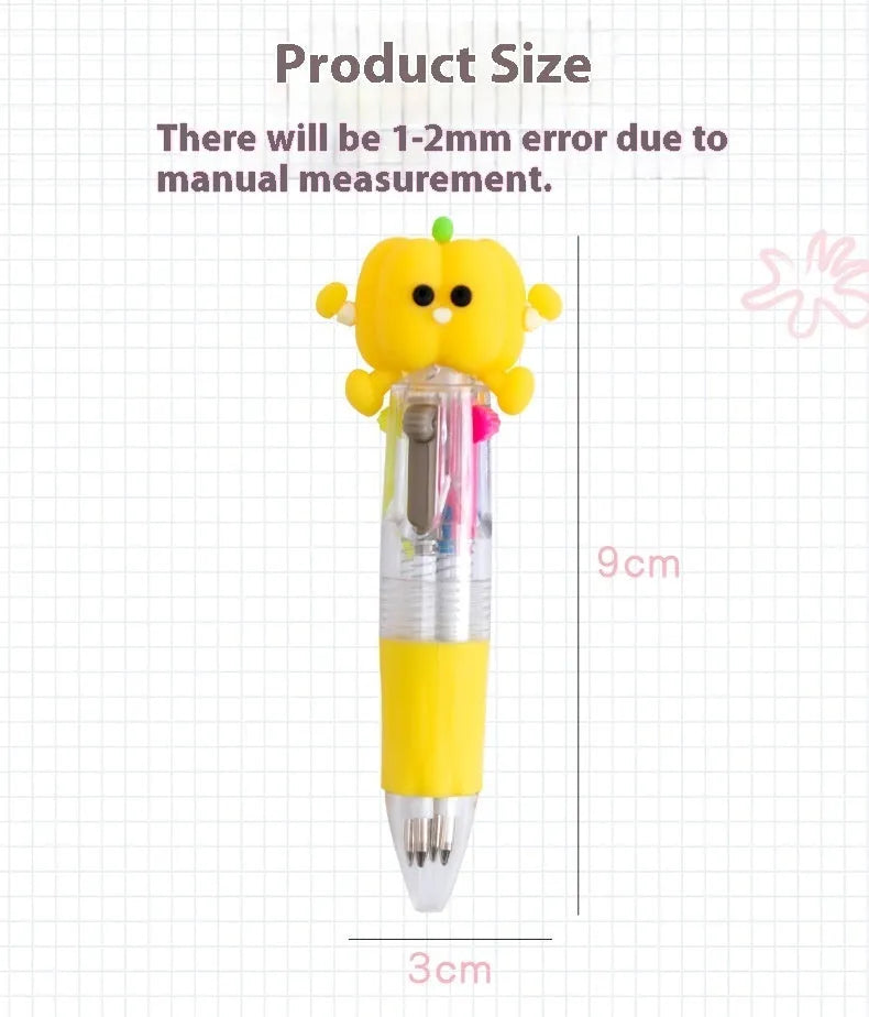 Four-colour press ballpoint pen with random cartoon design showing cactus, fast food, fruit, heart wing or seahorse theme