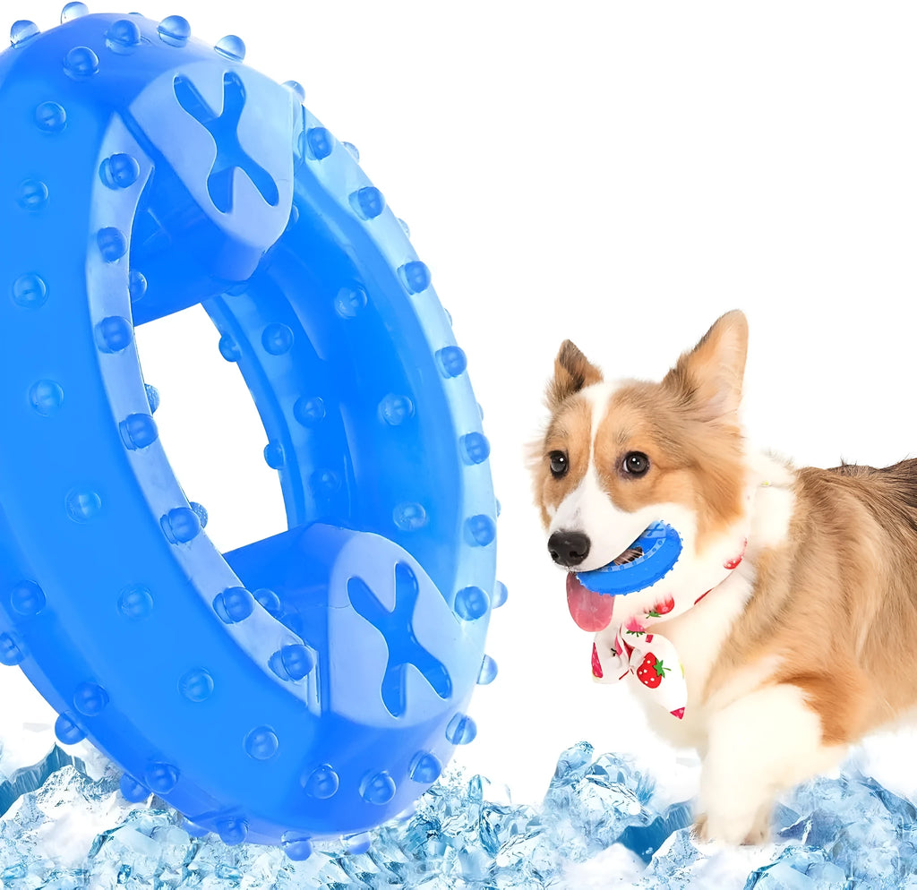 Freezable water-filled dog cooling chew toy in bones and circles designs with treat compartment.