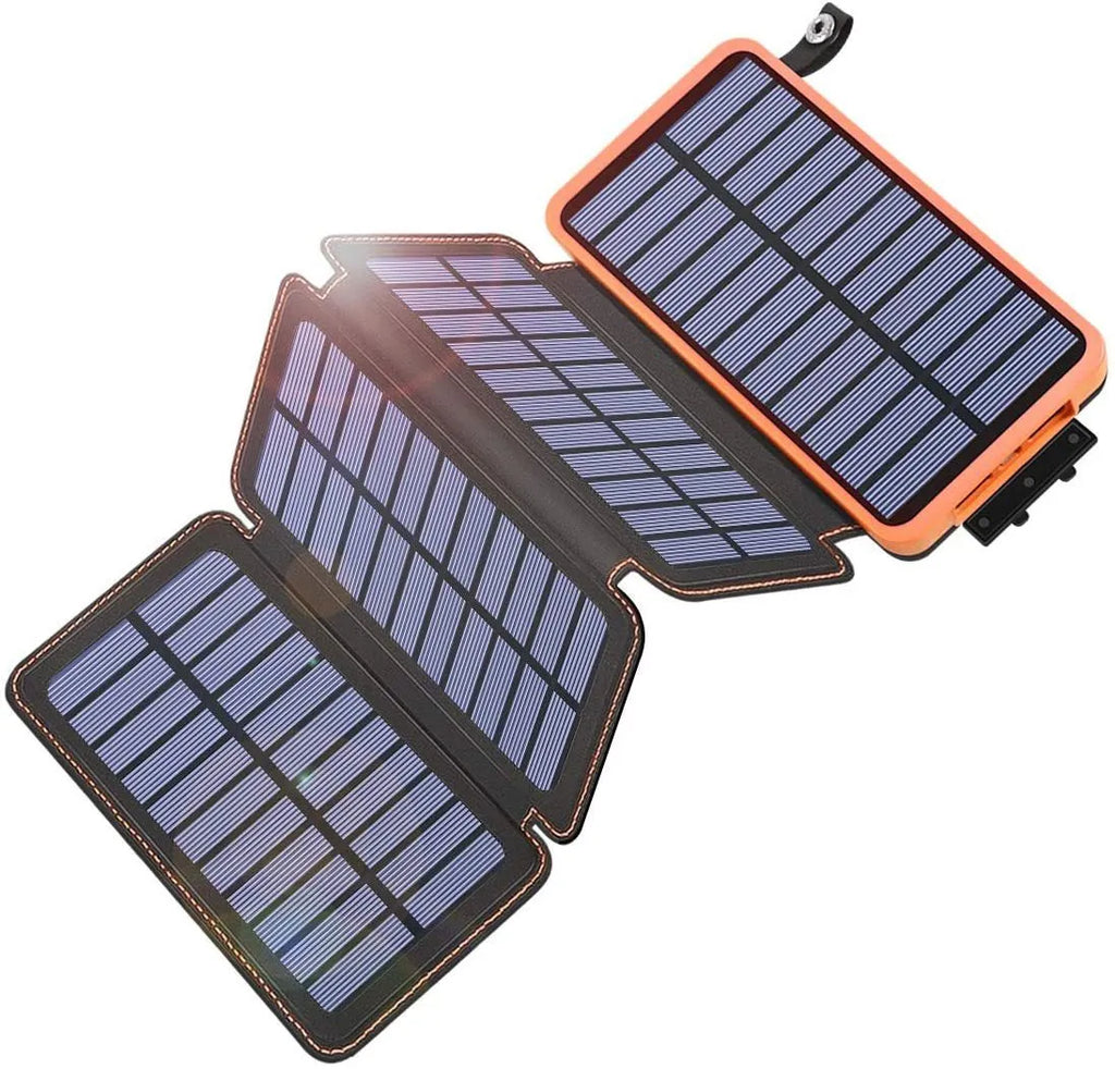 Outdoor rainproof solar phone charger with LED light showing solar panel and leather exterior
