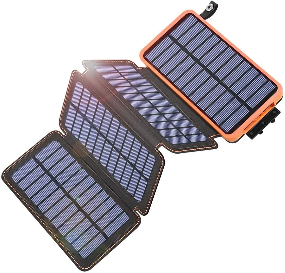Outdoor rainproof solar phone charger with LED light showing solar panel and leather exterior
