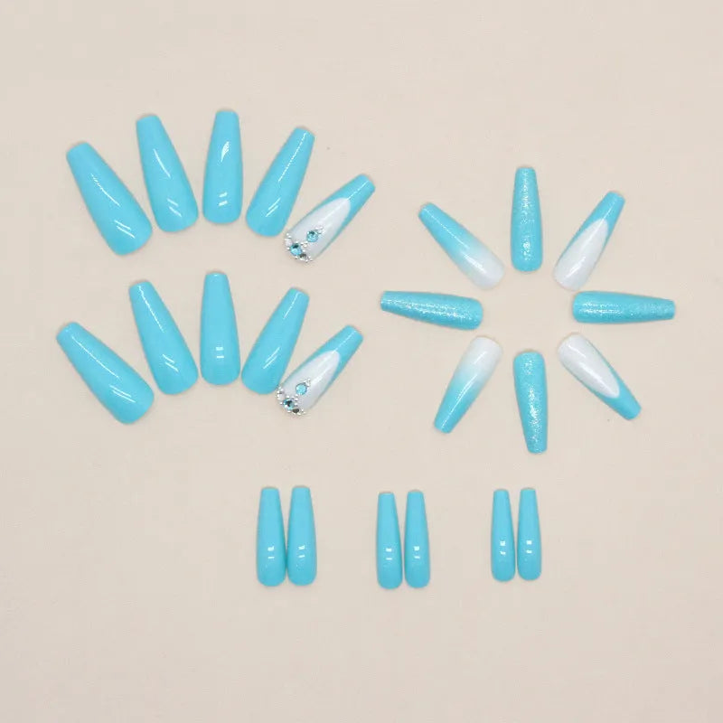 Smart blue diamond solid colour long ballet acrylic nail patches with adhesive glue