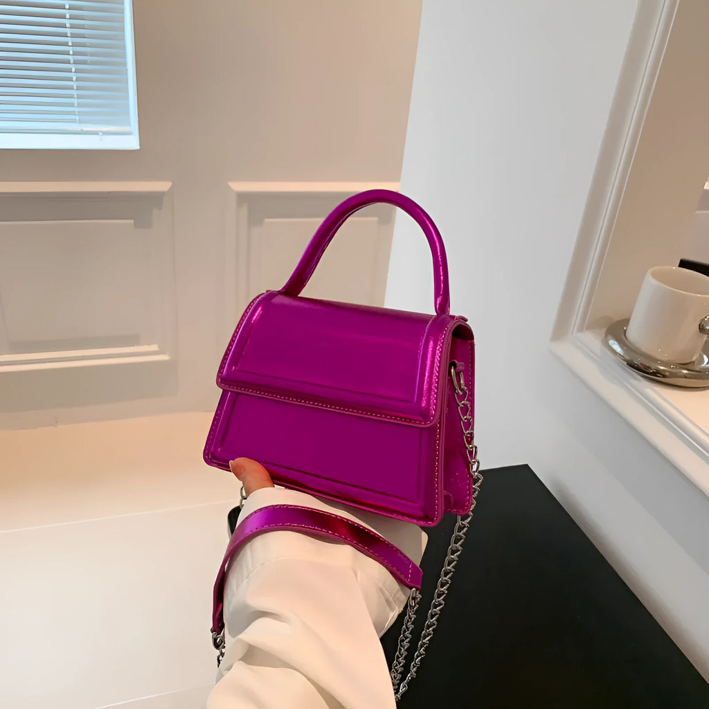 Silver PU leather crossbody shoulder bag with square shape and sewing line detail