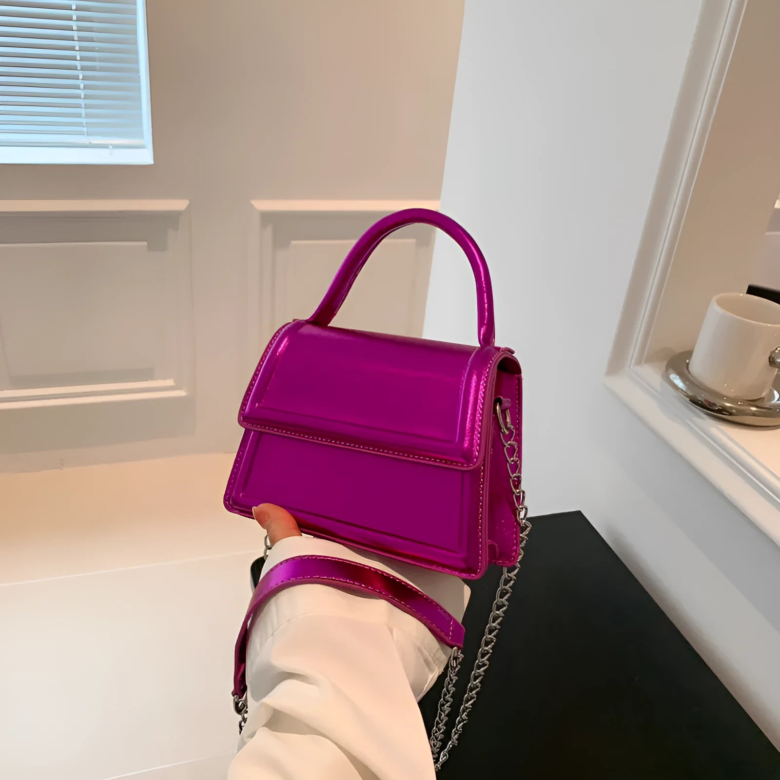 Silver PU leather crossbody shoulder bag with square shape and sewing line detail
