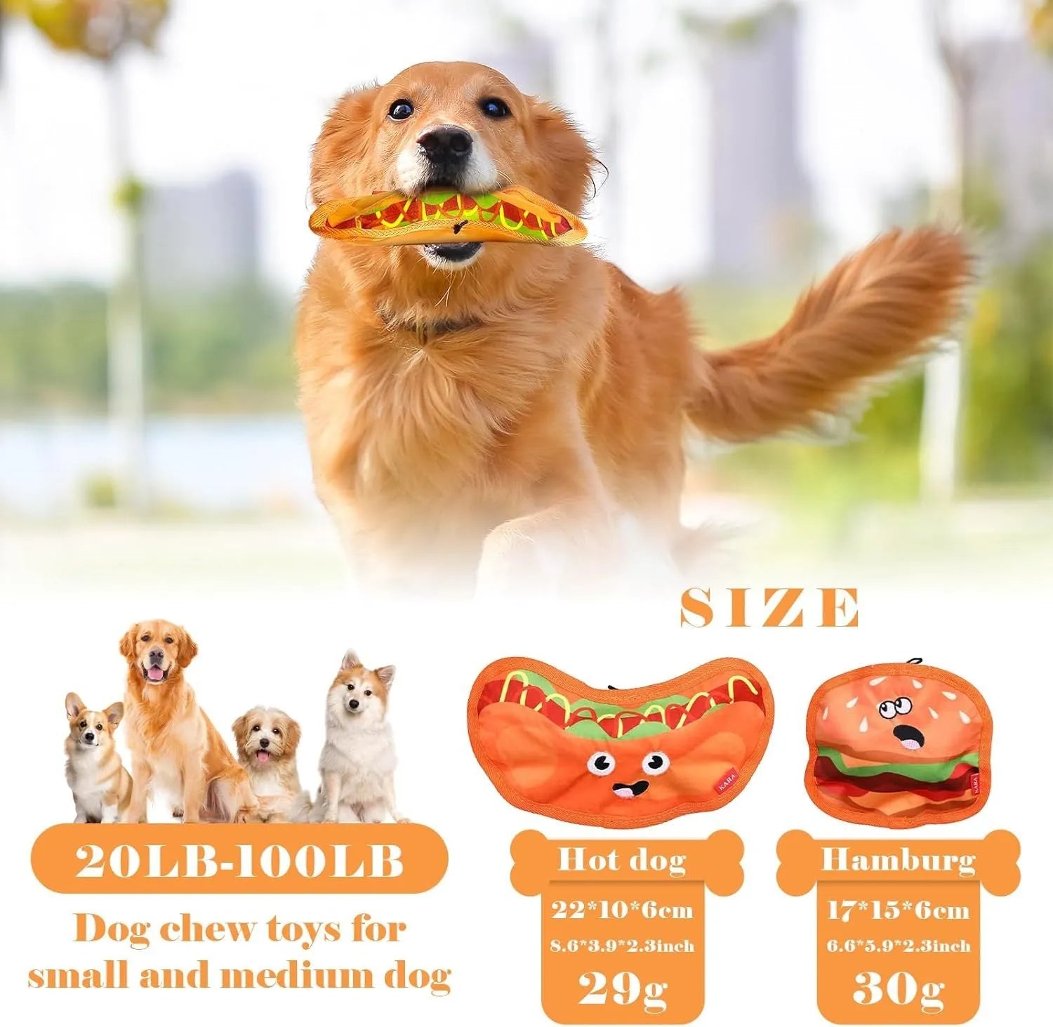 Colourful crinkle and squeaky dog chew toys shaped like a hamburger, fries, a hot dog, and a pizza on a plain background.