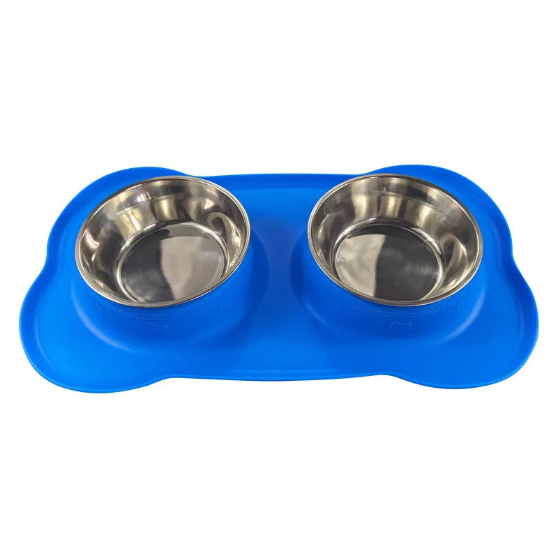 Large double pet bowl with stainless steel inner and silicone outer in black, blue, pink, silver gray or sky blue