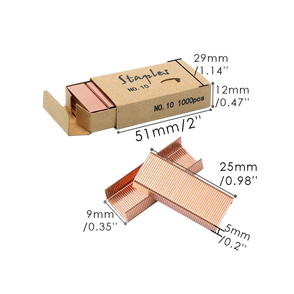 Box of 1000 metal stitching needle staples in black, purple, rose gold, and rose red colours.