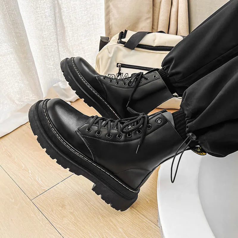 Men's black platform Dr. Martens boots with frosted leather, 8-hole high-top design, lace-up front and side zipper