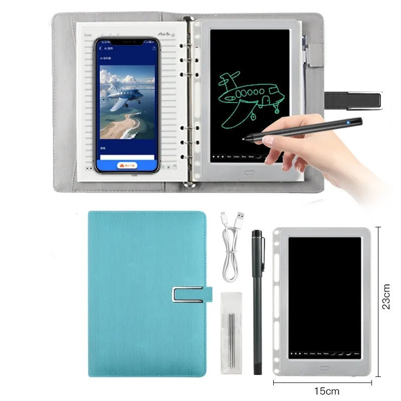 85-inch electronic writing pad with stitching detail, shown in dark blue with a smart pen.