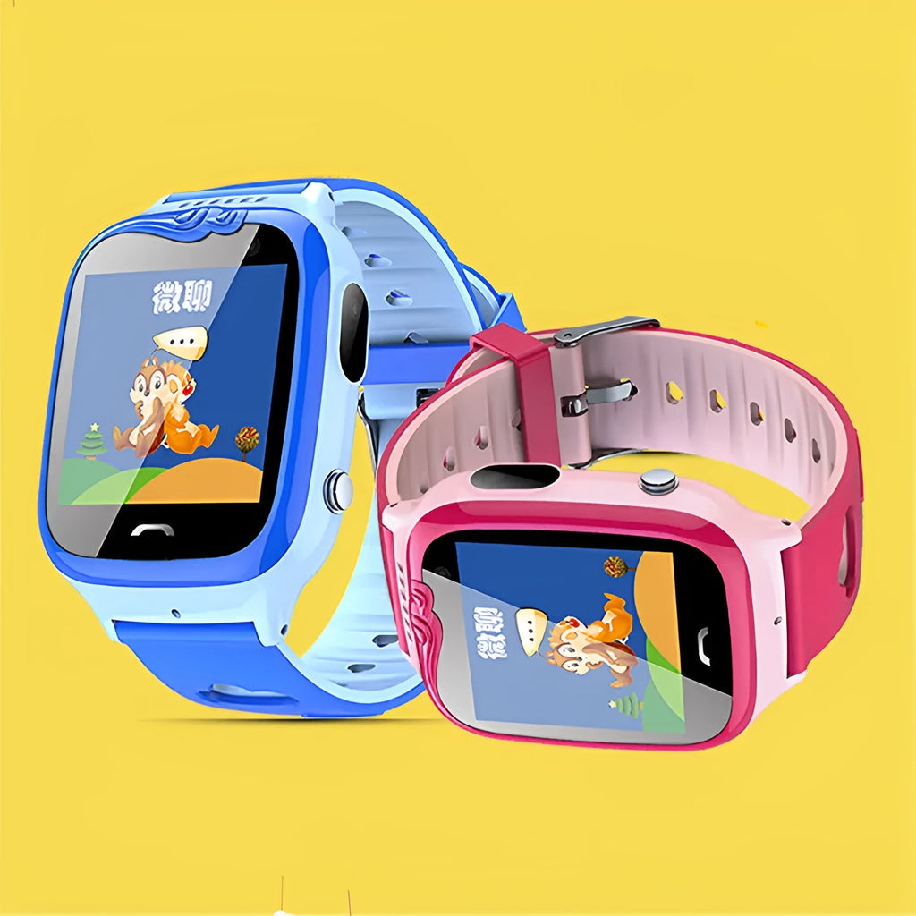 Blue children's smart phone watch with GPS positioning and HD touchscreen on silicone strap