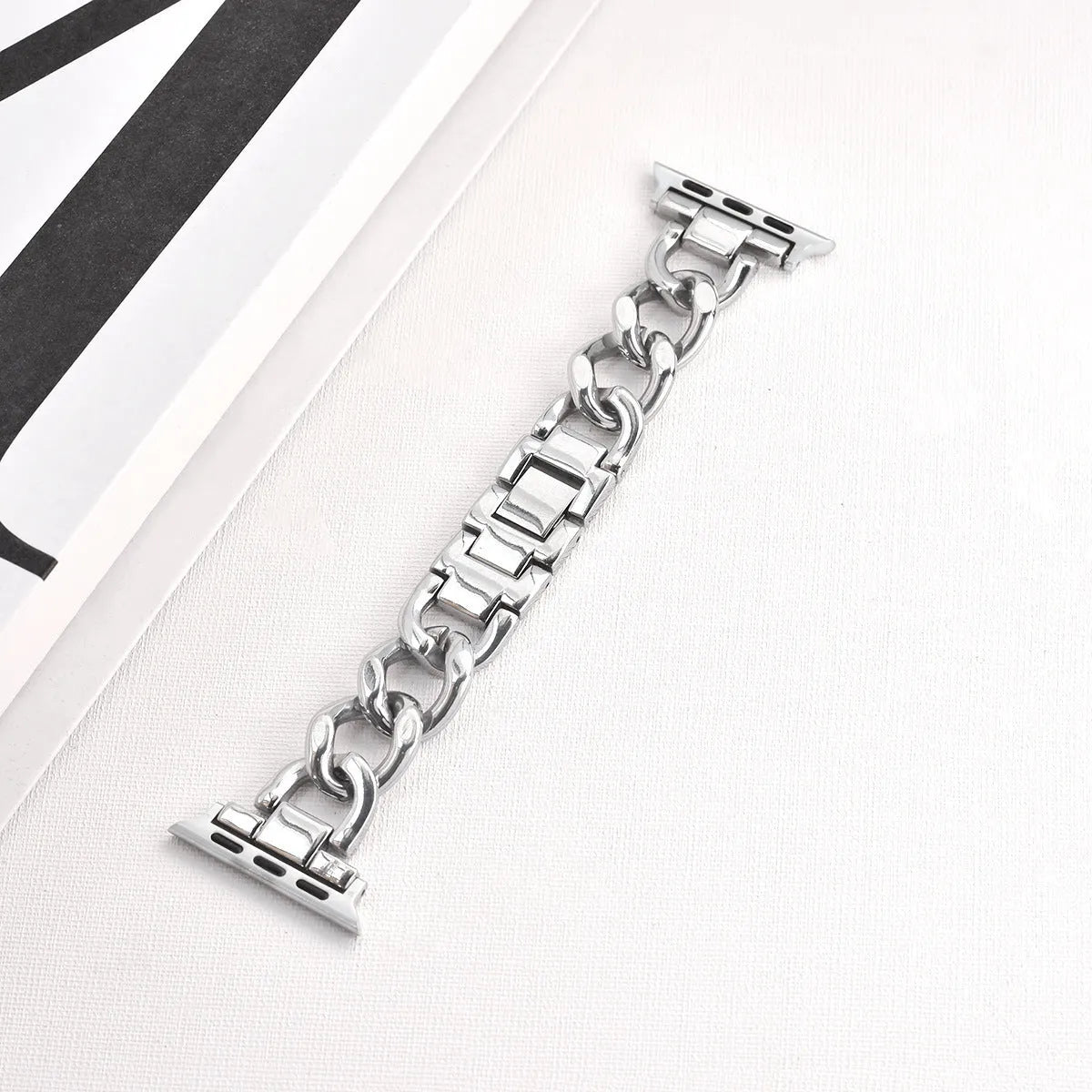 Denim-style cuff metal chain link Apple Watch replacement strap in silver, black, gold, rose gold, starlight.