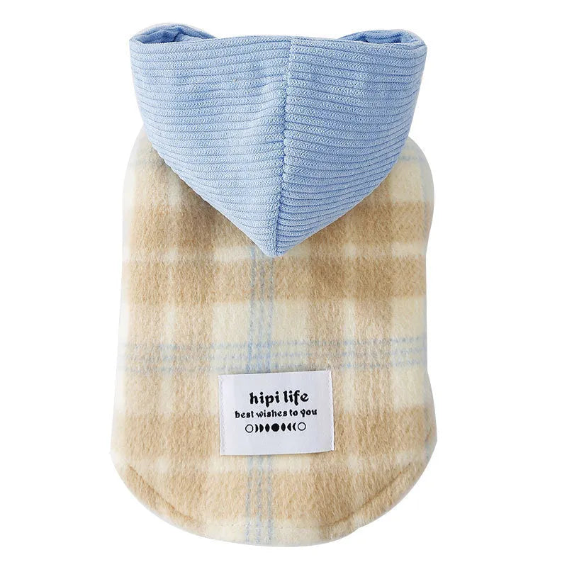 Blue corduroy dog hoodie with chessboard grid print and a traction hood.