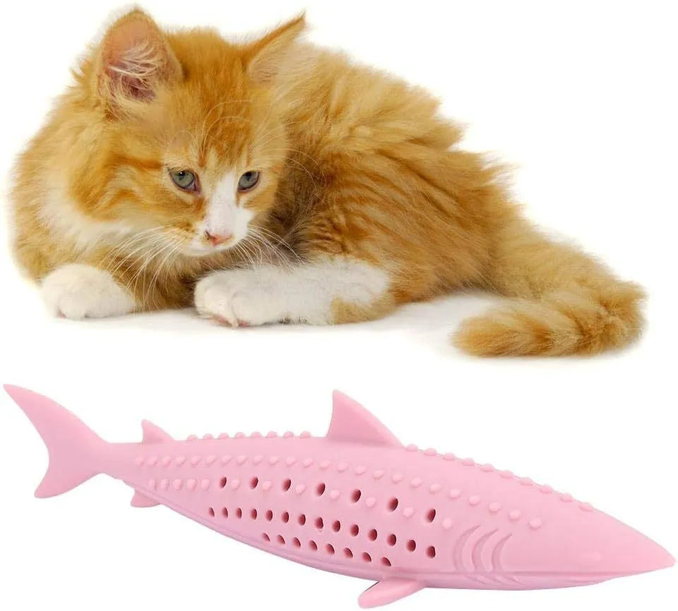 Silicone fish-shaped cat chew toy with breathable holes in green, pink, or purple colours