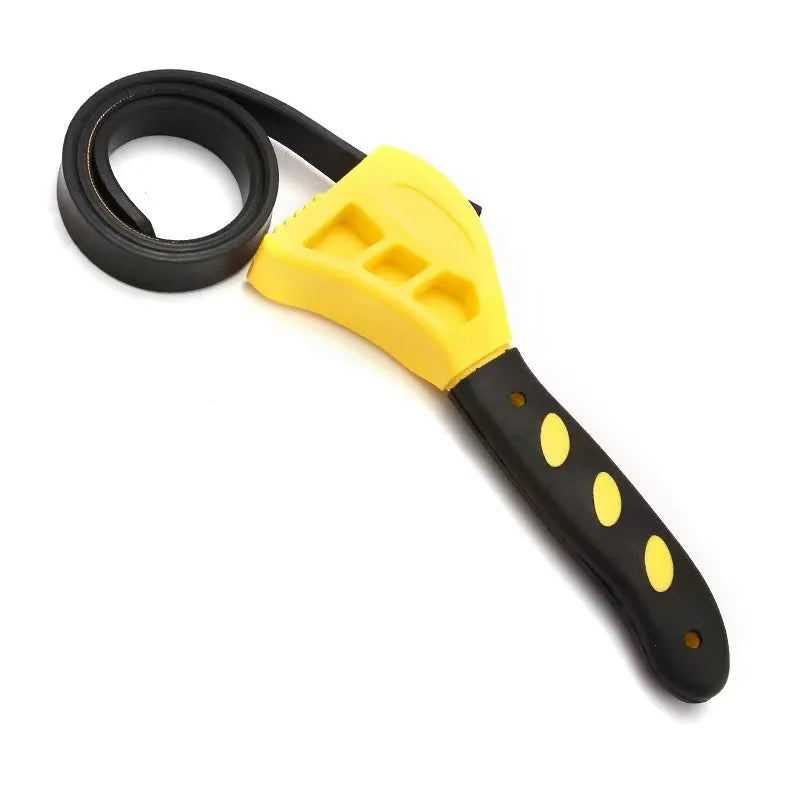 Two adjustable rubber strap wrenches, sizes 6 inch and 8 inch, with plastic handles and phosphated metal parts.
