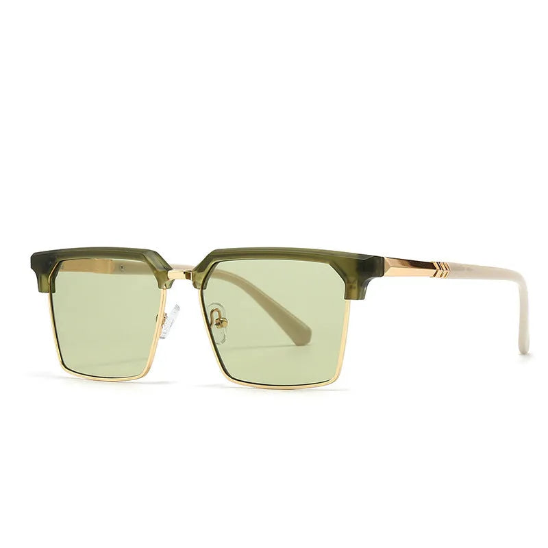 Men's square sunglasses with plastic frame in six colour options showing box-style design