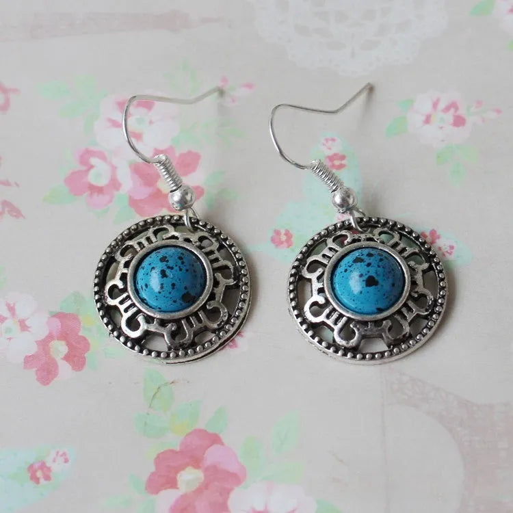 Handmade Miao silver ethnic earrings with turquoise flower disk geometry design