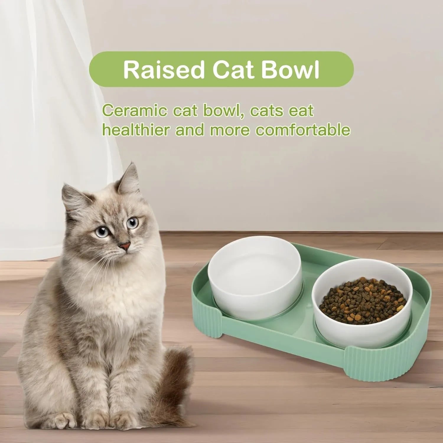 Ceramic elevated cat bowls with 15-degree tilted stand in green, white, or yellow colours