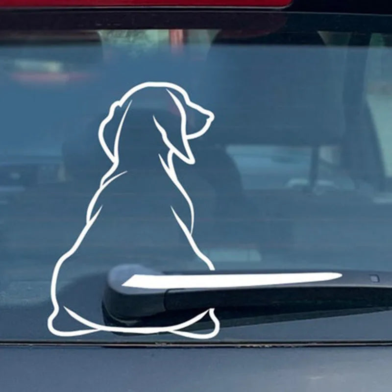 Cartoon dog rear window car sticker with wiper-style tail on black or white vinyl decal