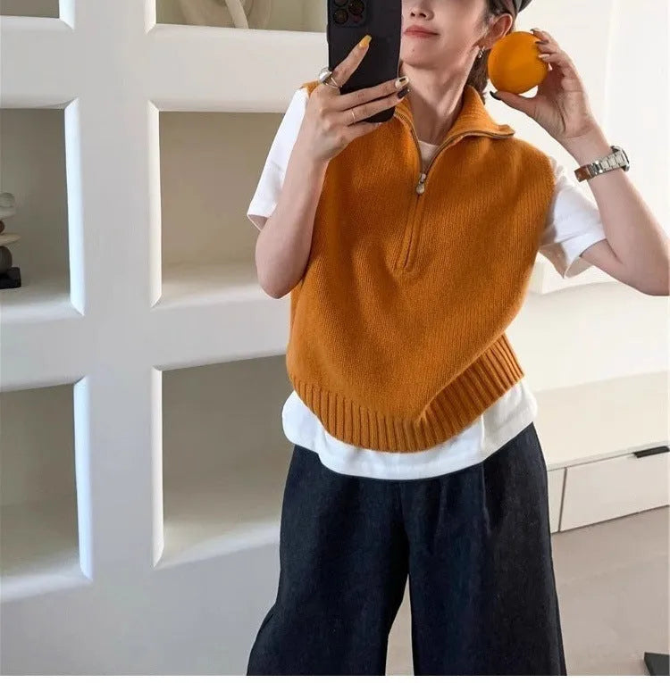 Retro half zip sleeveless mesh vest with 3D pattern in orange colour