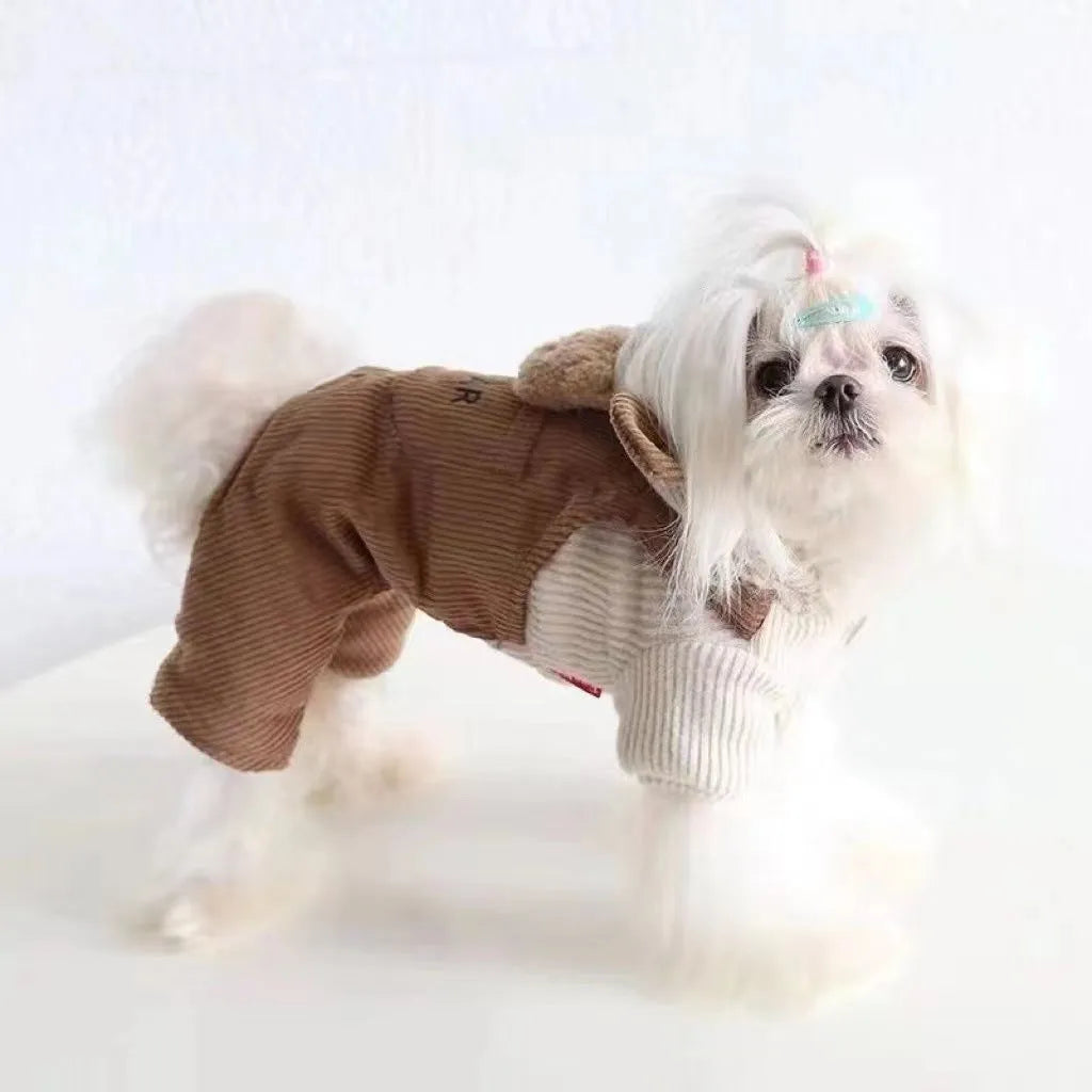 Fleece-lined pet dog overalls in milk coffee bear style for small medium dogs