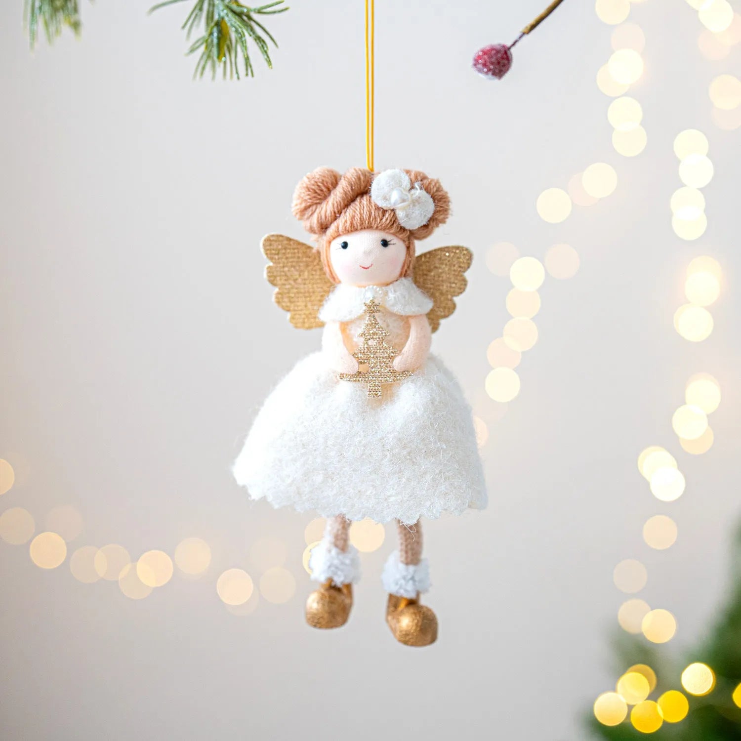 Pink and white Christmas angel wings plush pendant made from cloth material with modern simplicity design