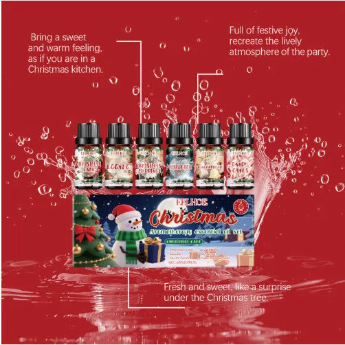 Christmas aromatherapy oil set showing 60ml bottle and six 10ml mini bottles with reed diffuser sticks