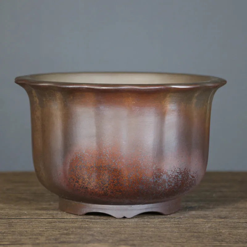 Large indoor ceramic flower pot with wood burning antique carved finish and purple sand material