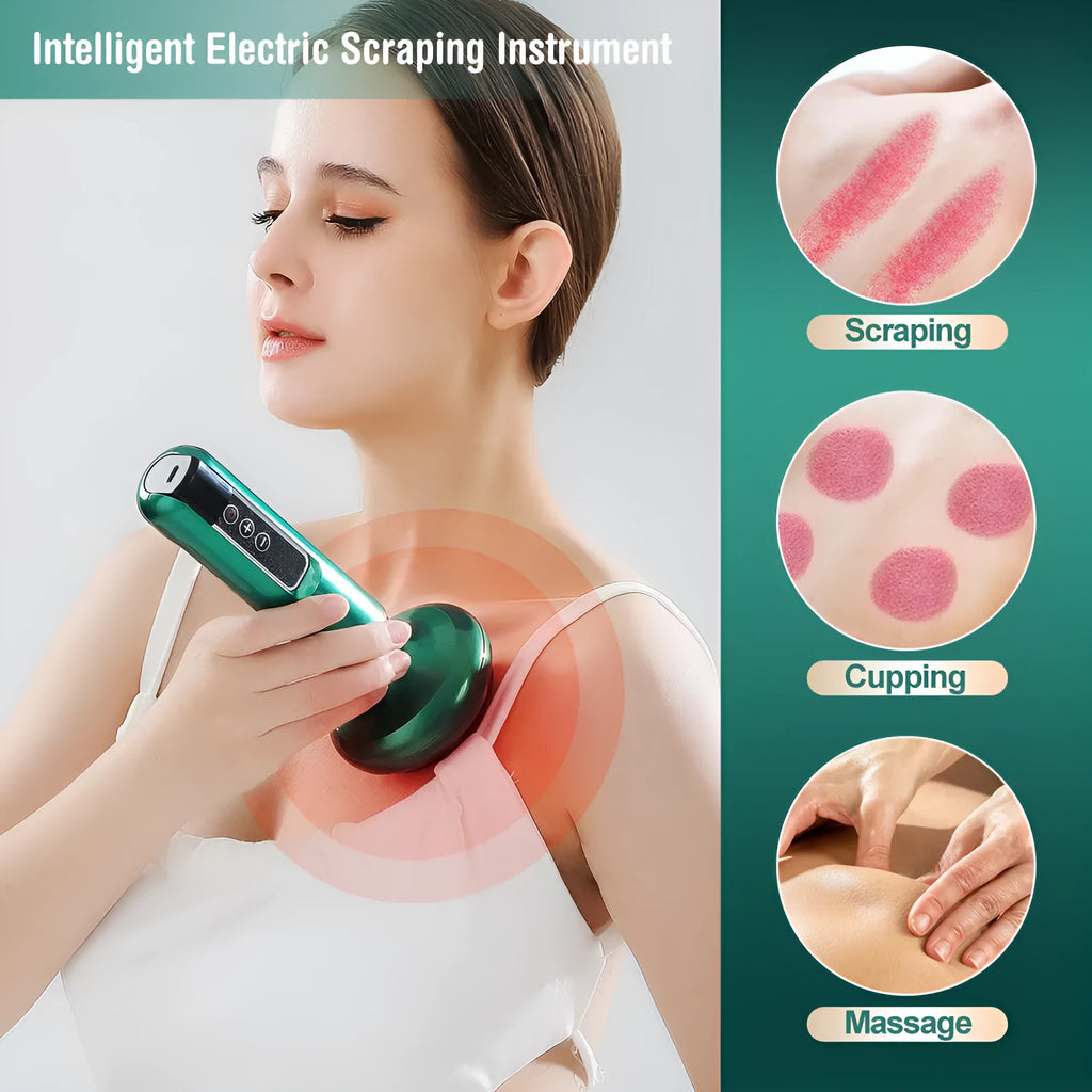 Green electric vacuum cupping massager with adjustable suction and heating controls