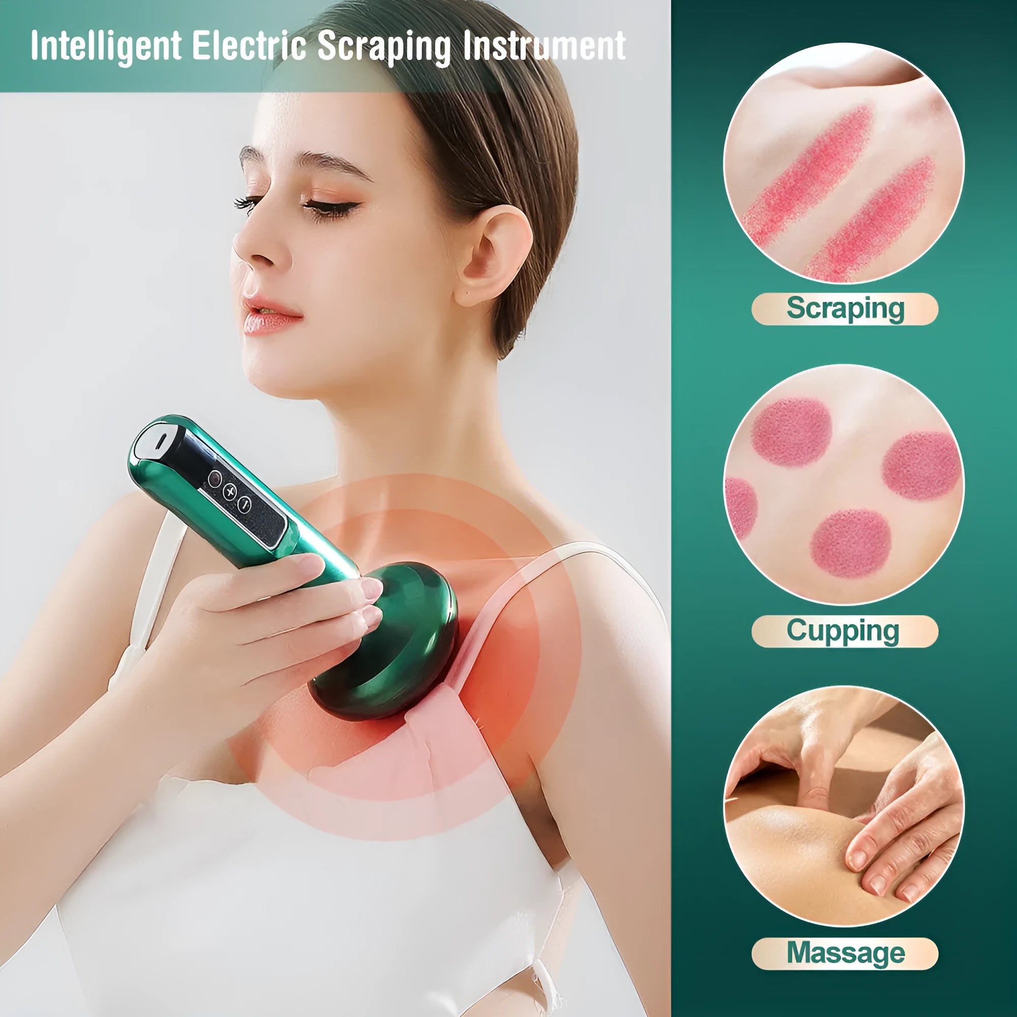 Green electric vacuum cupping massager with adjustable suction and heating controls