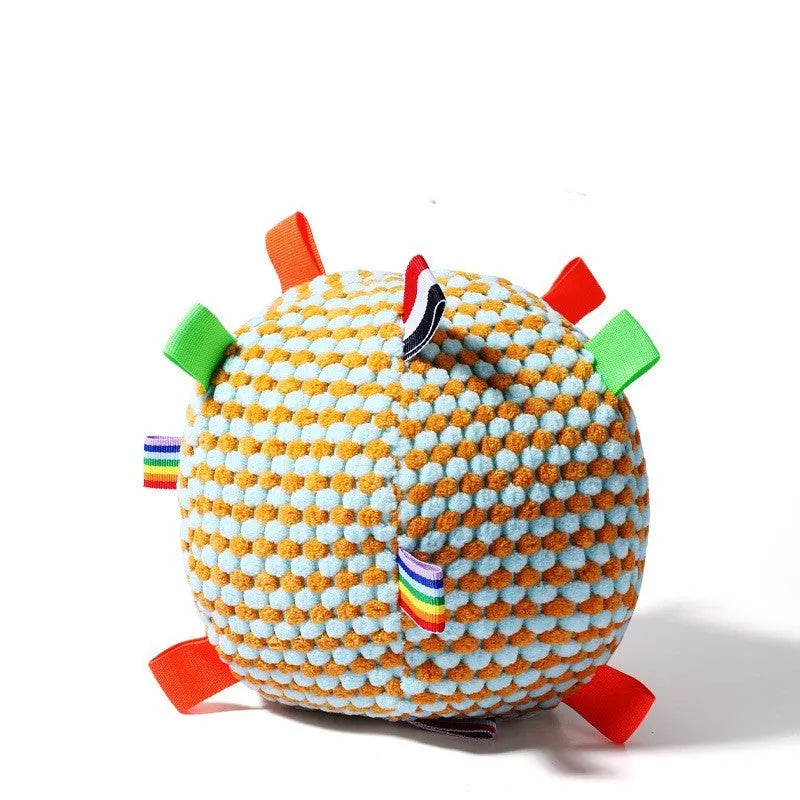 Blue and green pineapple lattice dog ball with ring, approximately 17cm diameter
