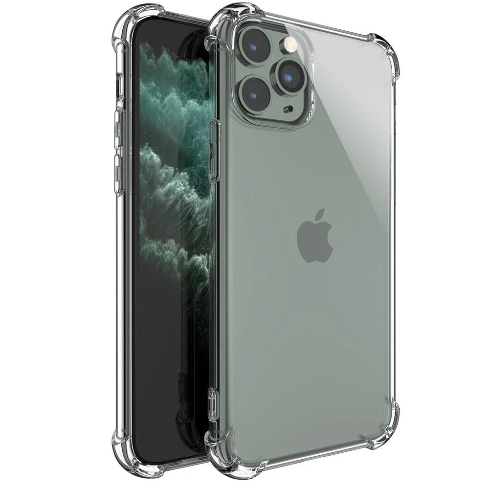 Transparent clear TPU shockproof case for iPhone shown on a phone.