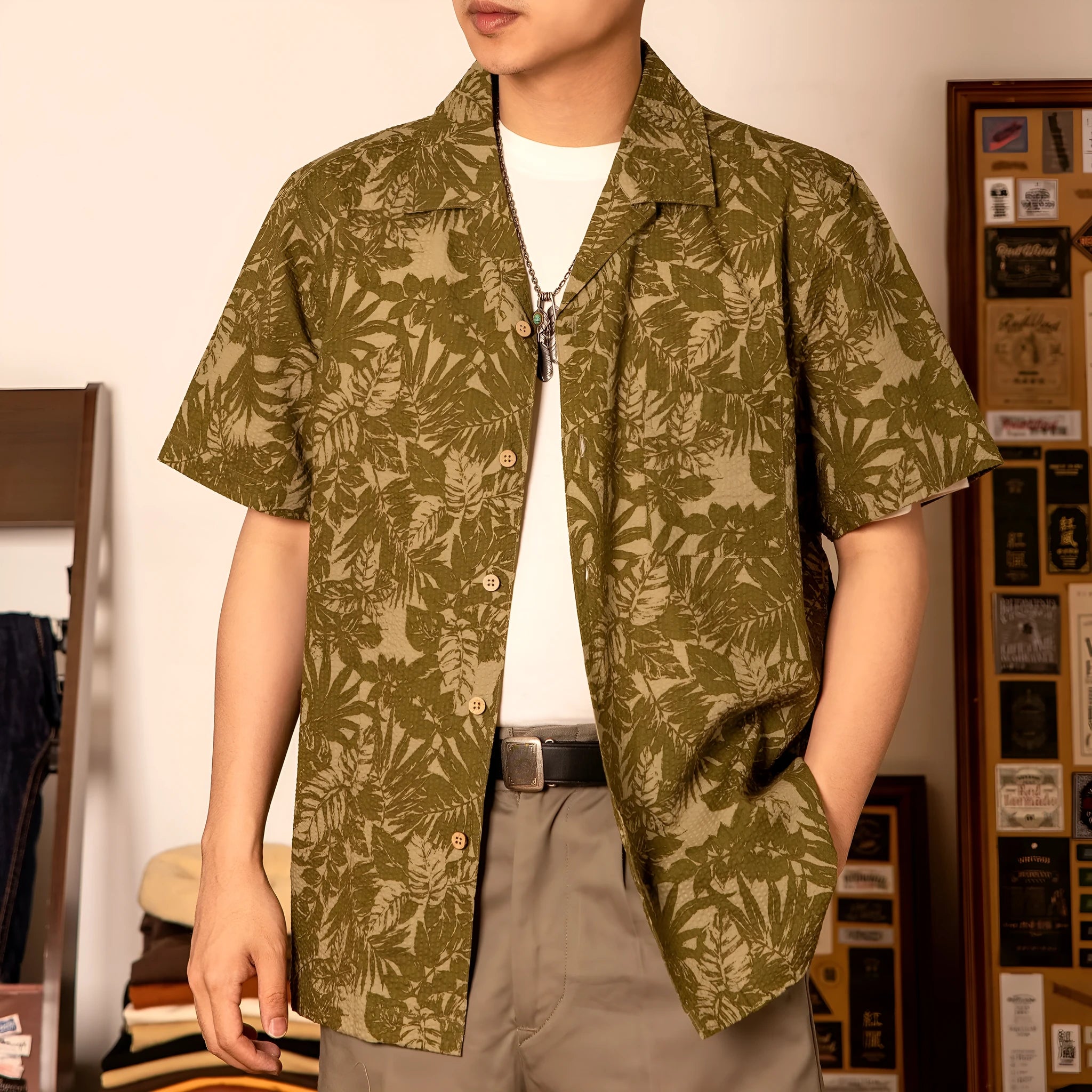 Vintage floral print seersucker shirt with Cuban collar in loose cardigan style