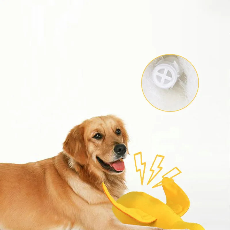 Yellow teddy pet toy with attached duck doll and built-in dog sound mechanism