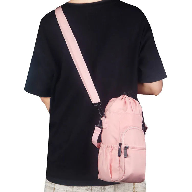 Cloth water bottle shoulder bag with crossbody strap in black, green and pink colour options