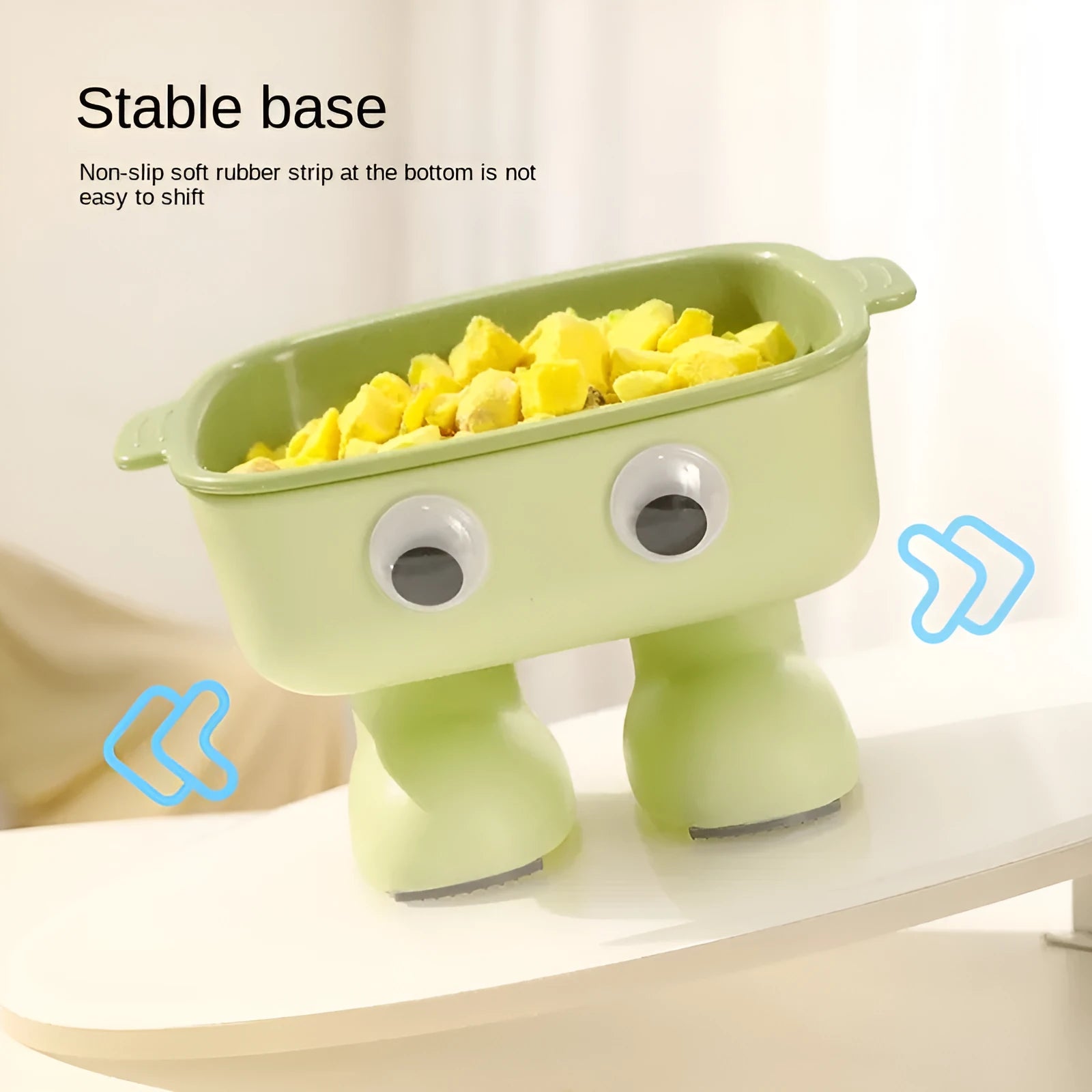 Green robot-shaped elevated cat bowl with tilted dish and non-slip base