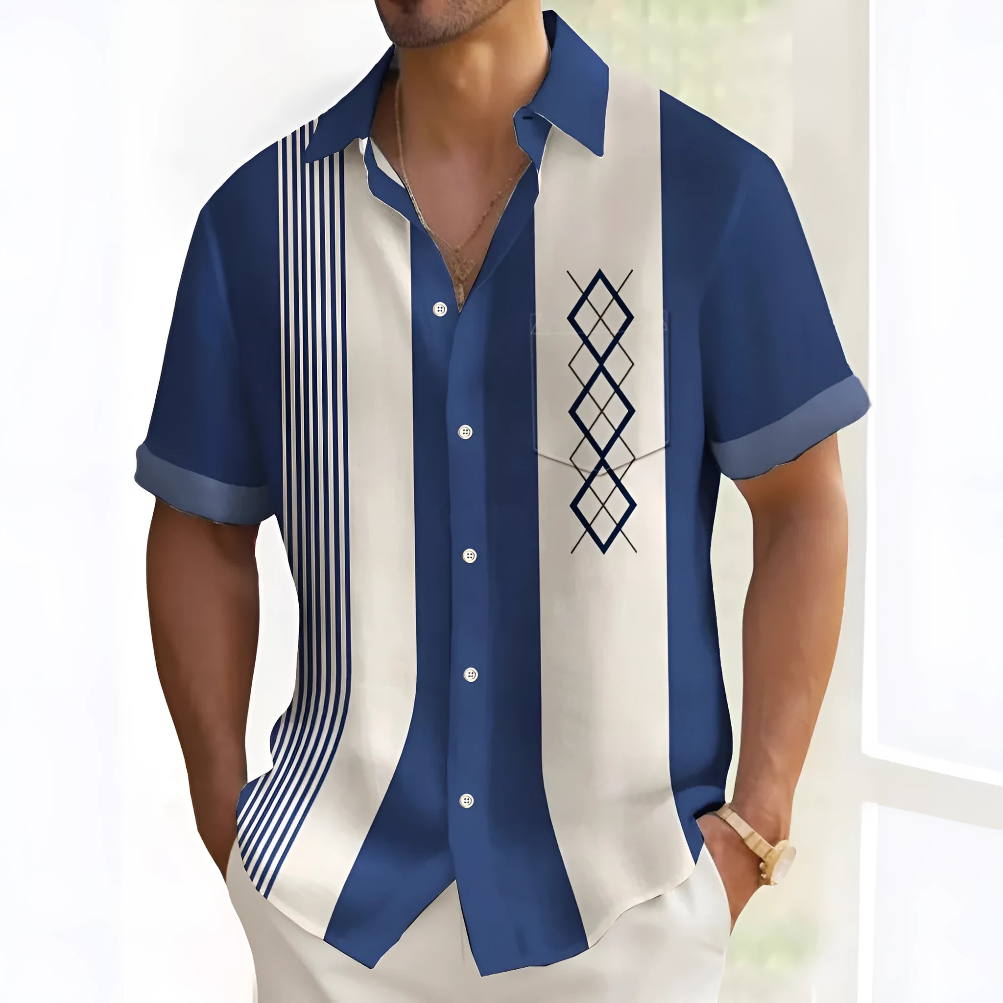 Multicolour printed men's loose fit cardigan-style leisure shirt on hanger