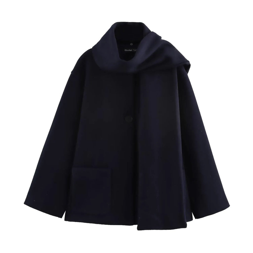 Women's long black overcoat with artificial fur collar, pockets and extended 100cm length