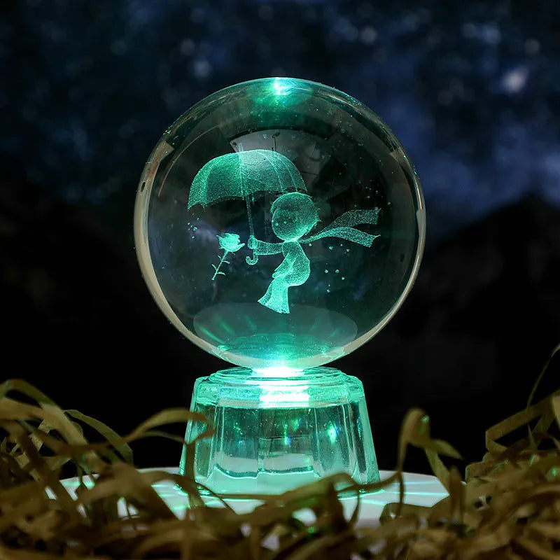 White crystal ball ornament with inner carving on fixed base for tabletop display