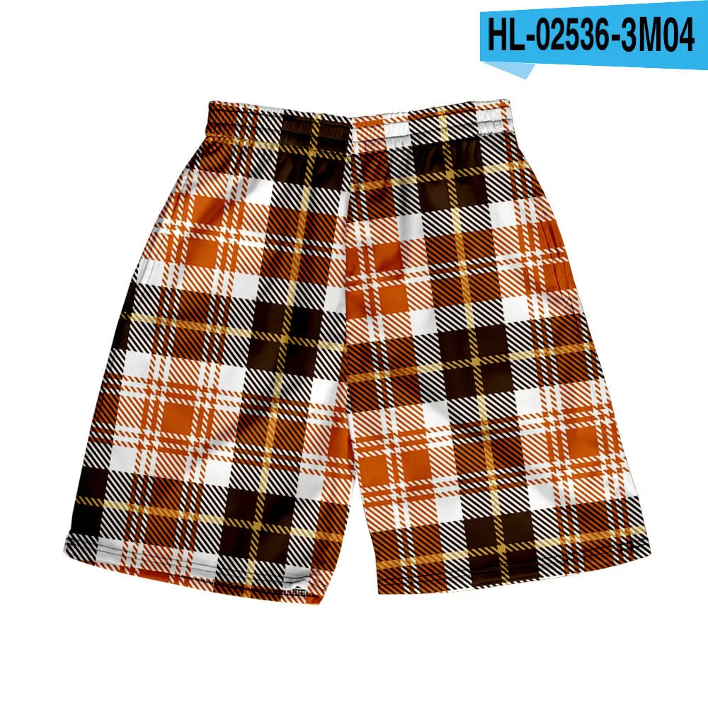 Man wearing plaid patterned polyester shorts with an elastic waistband, showcasing one of the twenty available colour options.