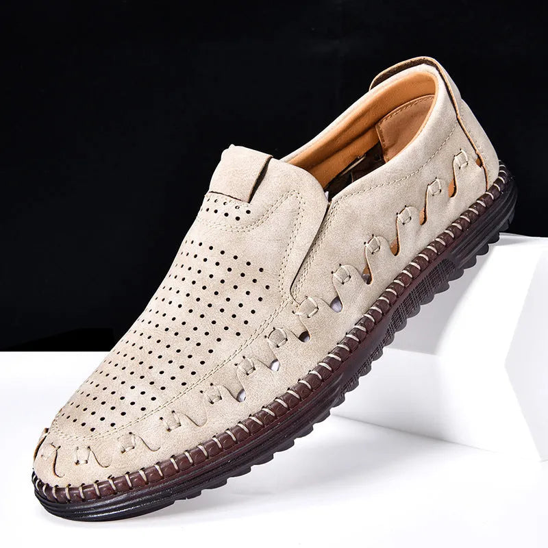 Men's brown leather slip-on casual shoes with round toe and flat PVC sole
