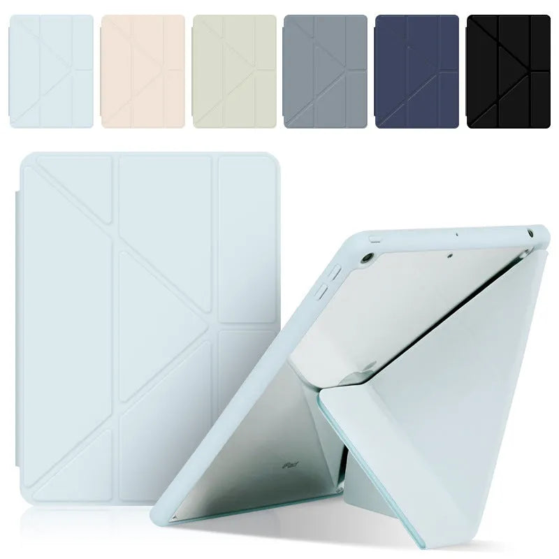 iPad protective case in Y-fold bracket position showing imitation leather finish and pen slot