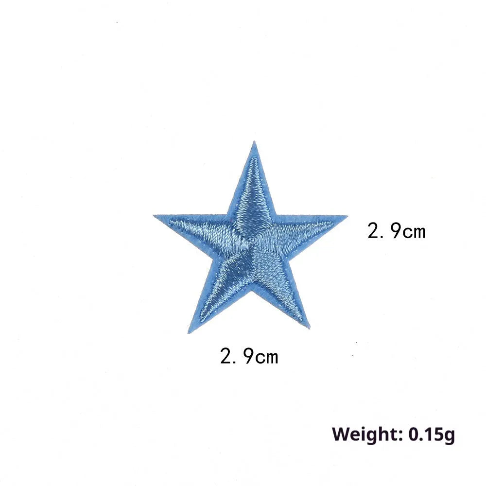 Colourful embroidered five-pointed star designs on cloth sticker labels for DIY clothing customisation.