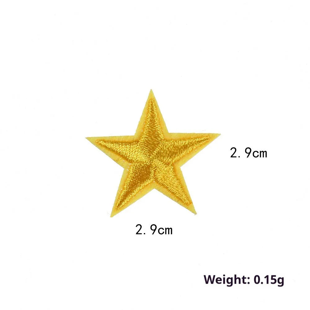 Colourful embroidered five-pointed star designs on cloth sticker labels for DIY clothing customisation.