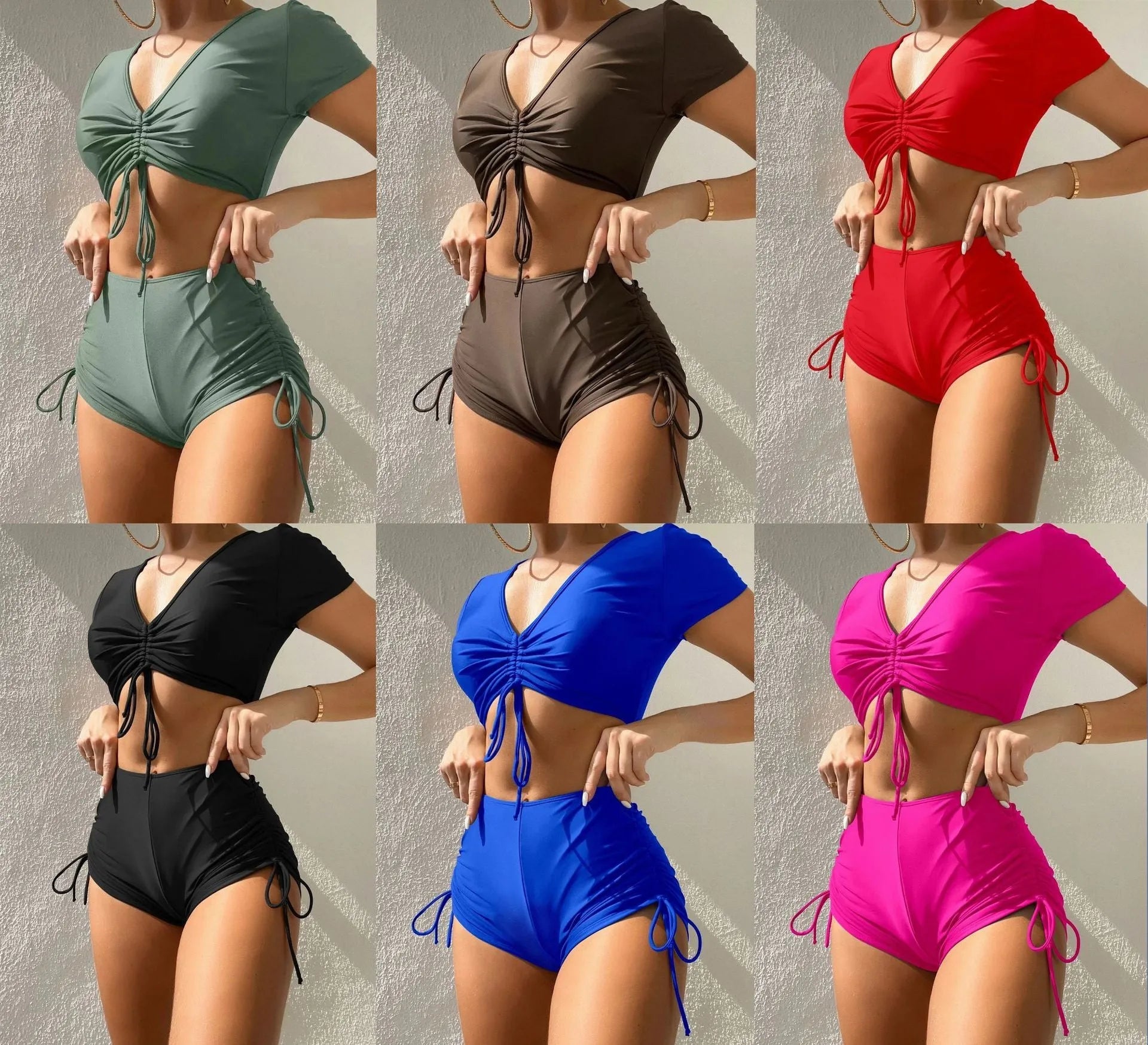Lady's lace-up bow swimsuit set with separate top and shorts in dark green colour