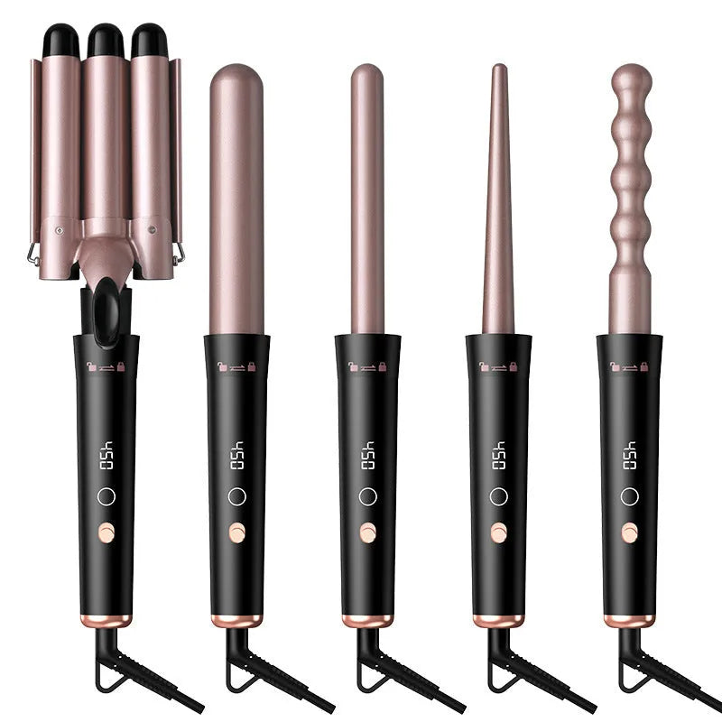 Rose gold negative ion hair curler with LCD screen and five interchangeable styling tubes
