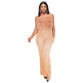Women's sleeveless backless jumpsuit with flared legs and sequin collar detail in champagne colour