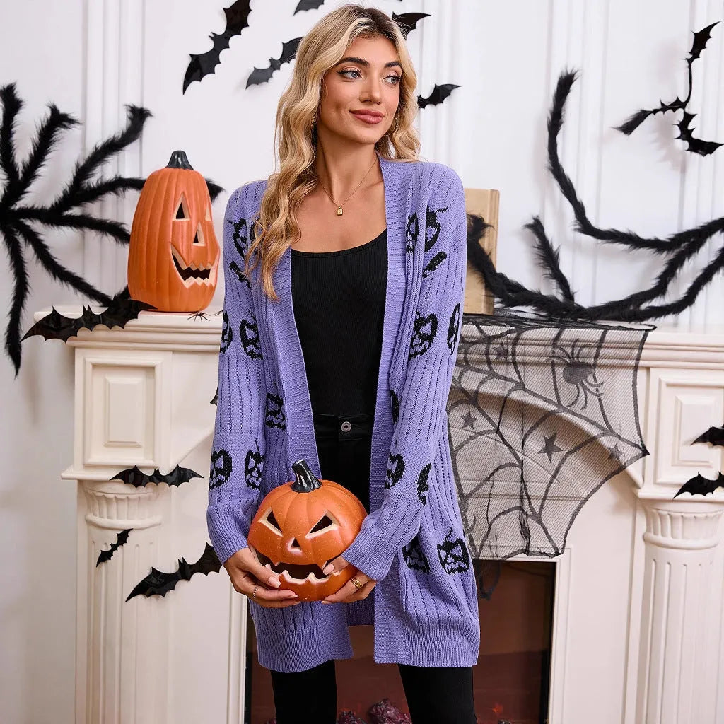 Women's black Halloween cardigan with jacquard pumpkin pattern, straight cut with regular sleeves