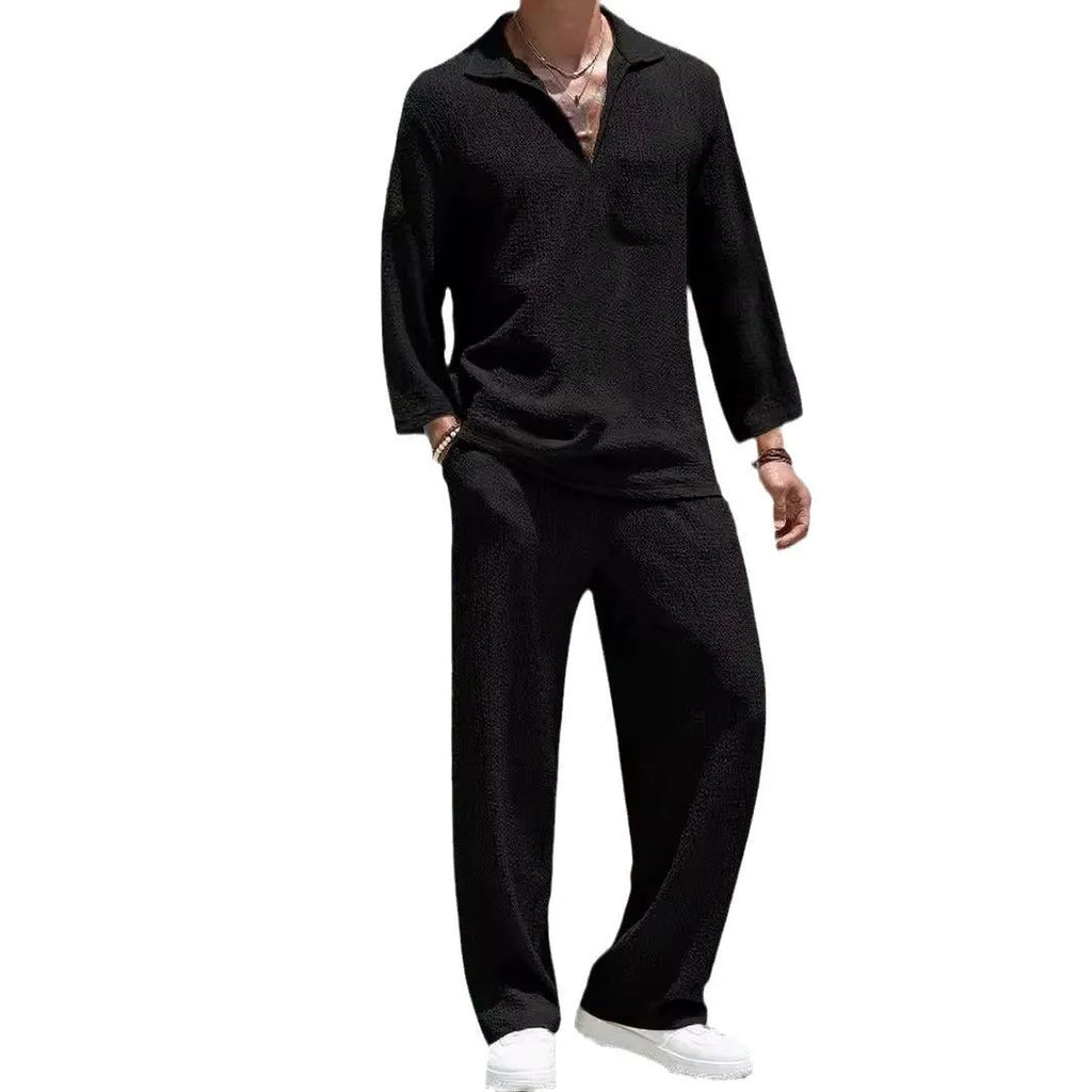 Men's casual shirt trousers suit in lake blue colour, two-piece set for autumn leisure wear