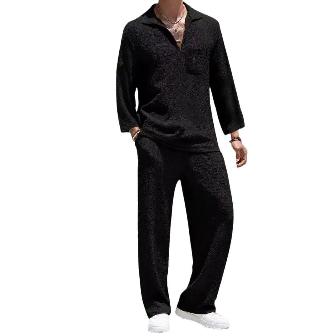 Men's casual shirt trousers suit in lake blue colour, two-piece set for autumn leisure wear