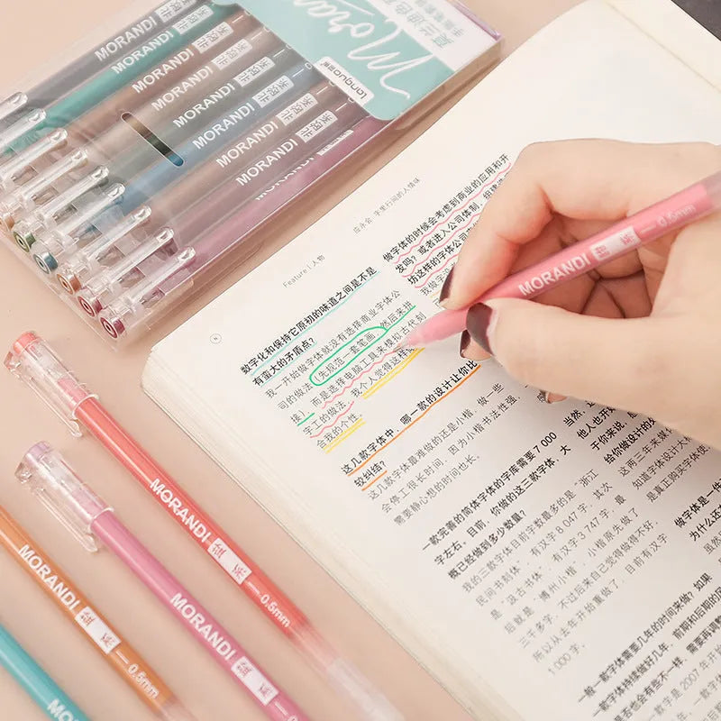 Set of nine retro-style Japanese gel pens with needle tips, shown in a choice of four colour series.